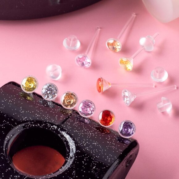 Colorful Plastic Cubic Zirconia Flower Stud Earrings, Hypoallergenic, 4mm diamet - Picture 6 of 7